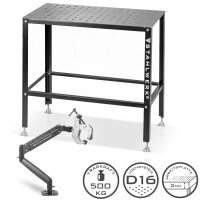 Set tavolo da saldatura STAHLWERK 91,5 x 46 x 90 cm | Sistema forato D16 | Kit fai da te con piano di lavoro da 3 mm | Capacità di carico di 500 kg | Dispositivo di serraggio per saldatura FlexArm D16 Base con capacità di carico di 13,6 kg