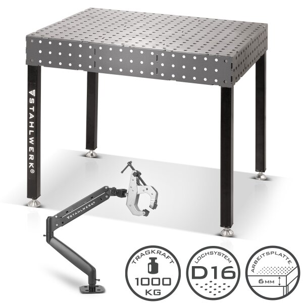 STAHLWERK Schweißtisch Set 100 x 80 cm | D16 Lochsystem | DIY-Bausatz mit 6 mm-Arbeitsplatte und 1000 kg Tragkraft | FlexArm-Schweißspannvorrichtung D16 Base mit 13,6 kg Tragfähigkeit