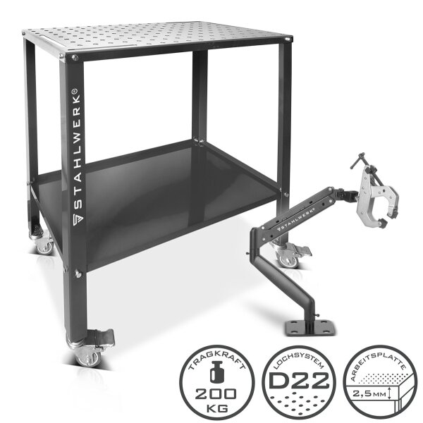 STAHLWERK Schweißtisch Set 91,5 x 45,7 cm | D22 Lochsystem | DIY-Bausatz mit 2,5 mm Arbeitsplatte aus Stahl und 200 kg Tragkraft | FlexArm-Schweißspannvorrichtung D22 Base mit 13,6 kg Tragfähigkeit