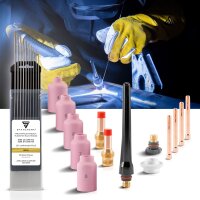 STAHLWERK TIG gas lens welding accessories set 24-piece with adapter sleeves + ceramic nozzles + tungsten electrodes, wear parts for WP-26 TIG welding torches.