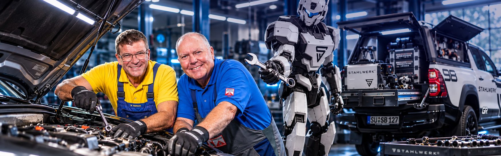 Die Autodoktoren Holger Parsch und Hans-Jürgen Faul in der Werkstatt mit STAHLWERK