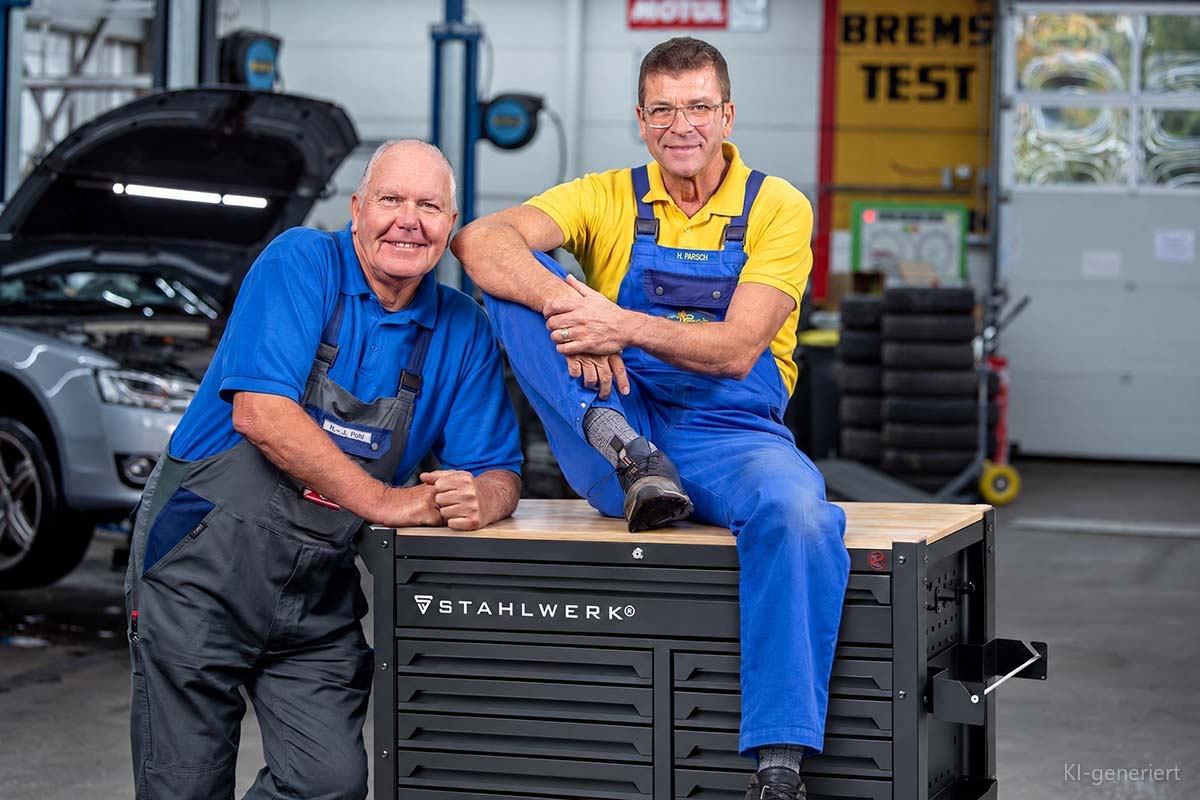 Die Autodoktoren Holger Parsch und Hans-Jürgen Faul in der Werkstatt am STAHLWERK Werkstattwagen