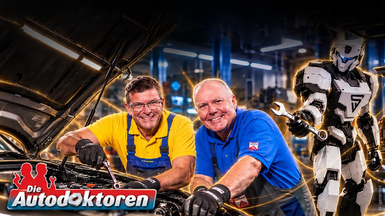 Die Autodoktoren Holger Parsch und Hans-Jürgen Faul schrauben in der Werkstatt an einem Auto, daneben der STAHLWERK-Roboter mit Ringschlüssel – Gewinnspiel mit 5 Profi-Preisen.