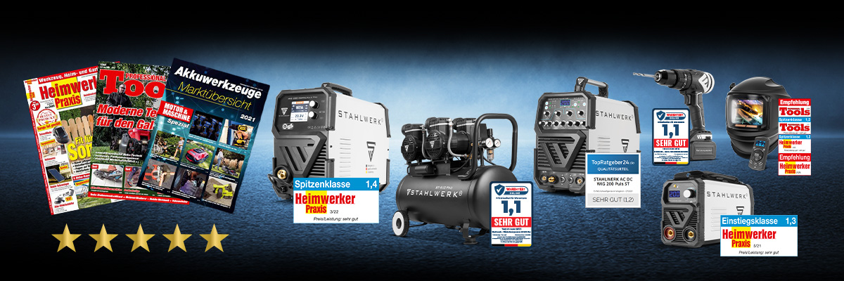 Banner mit verschiedenen Testsieger Werkzeugen und prämierten Geräten der Firma STAHLWERK in Bornheim