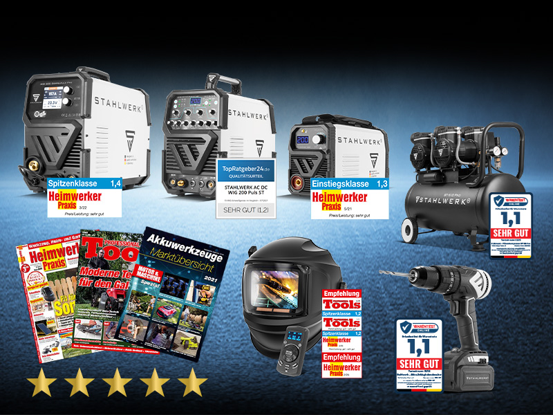 Banner mit verschiedenen Testsieger Werkzeugen und prämierten Geräten der Firma STAHLWERK in Bornheim