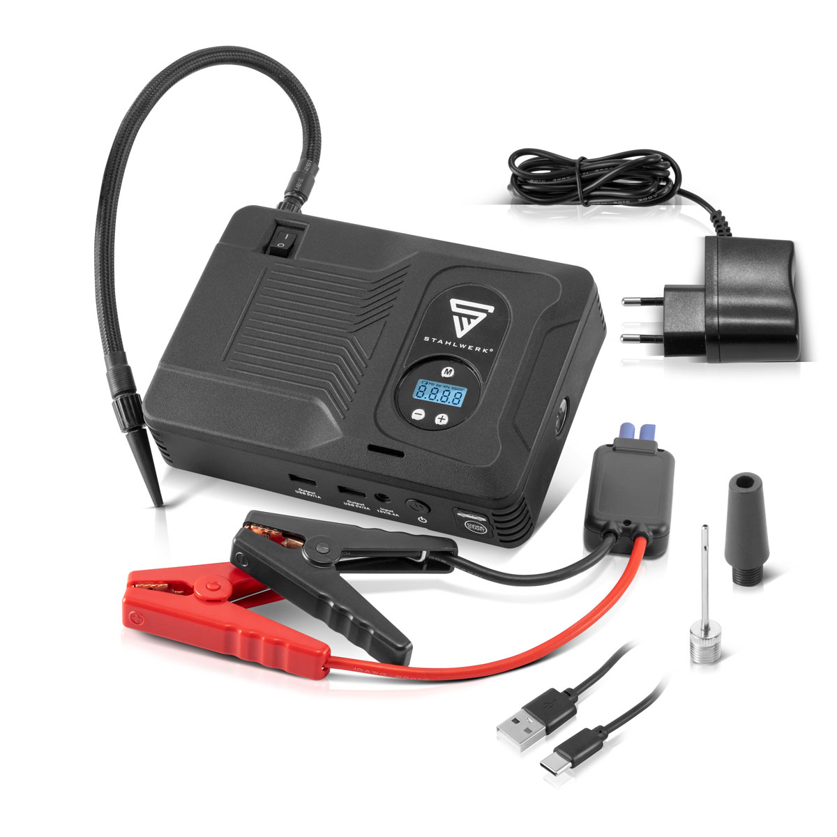 STAHLWERK Powerbank Auto Starthilfe Booster mit Kompressor LED und USB,  69,99 €